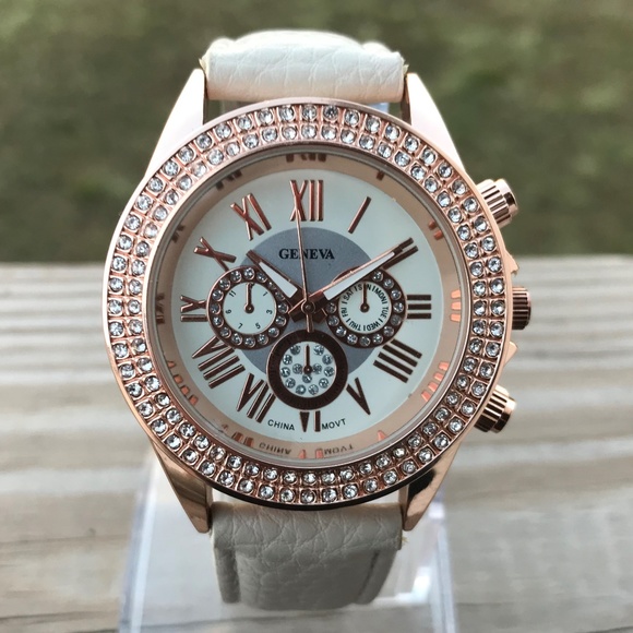 Accessories - Geneva Women Watch Genuine Leather Band Gold Crsta